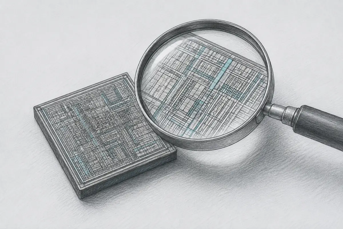 Conceptual graphite and cyan illustration of a silicon die beneath an inspection lens.