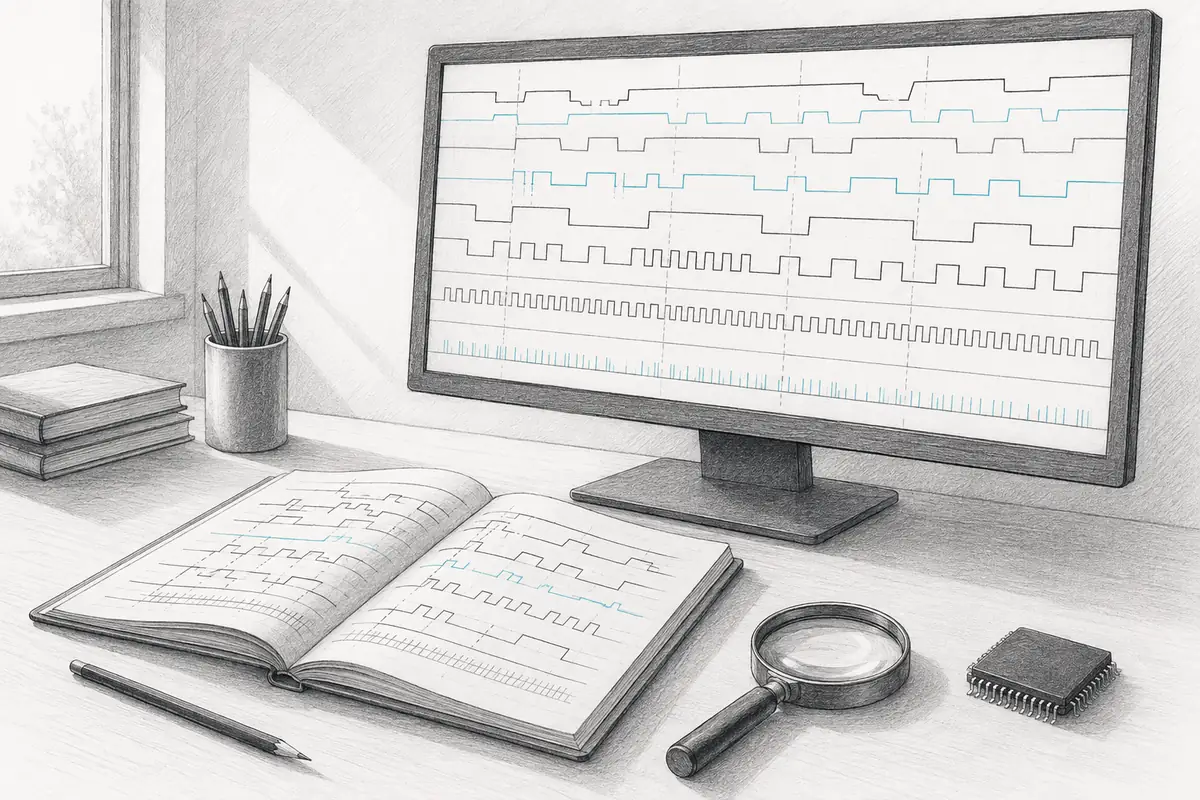Graphite and cyan illustration of a verification workspace, waveform display, and engineering notebook.
