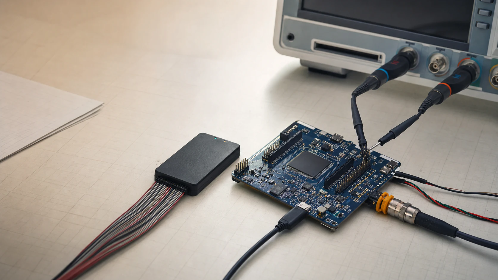 Embedded development board connected to precision oscilloscope probes, a logic analyzer, and a professional bench instrument.