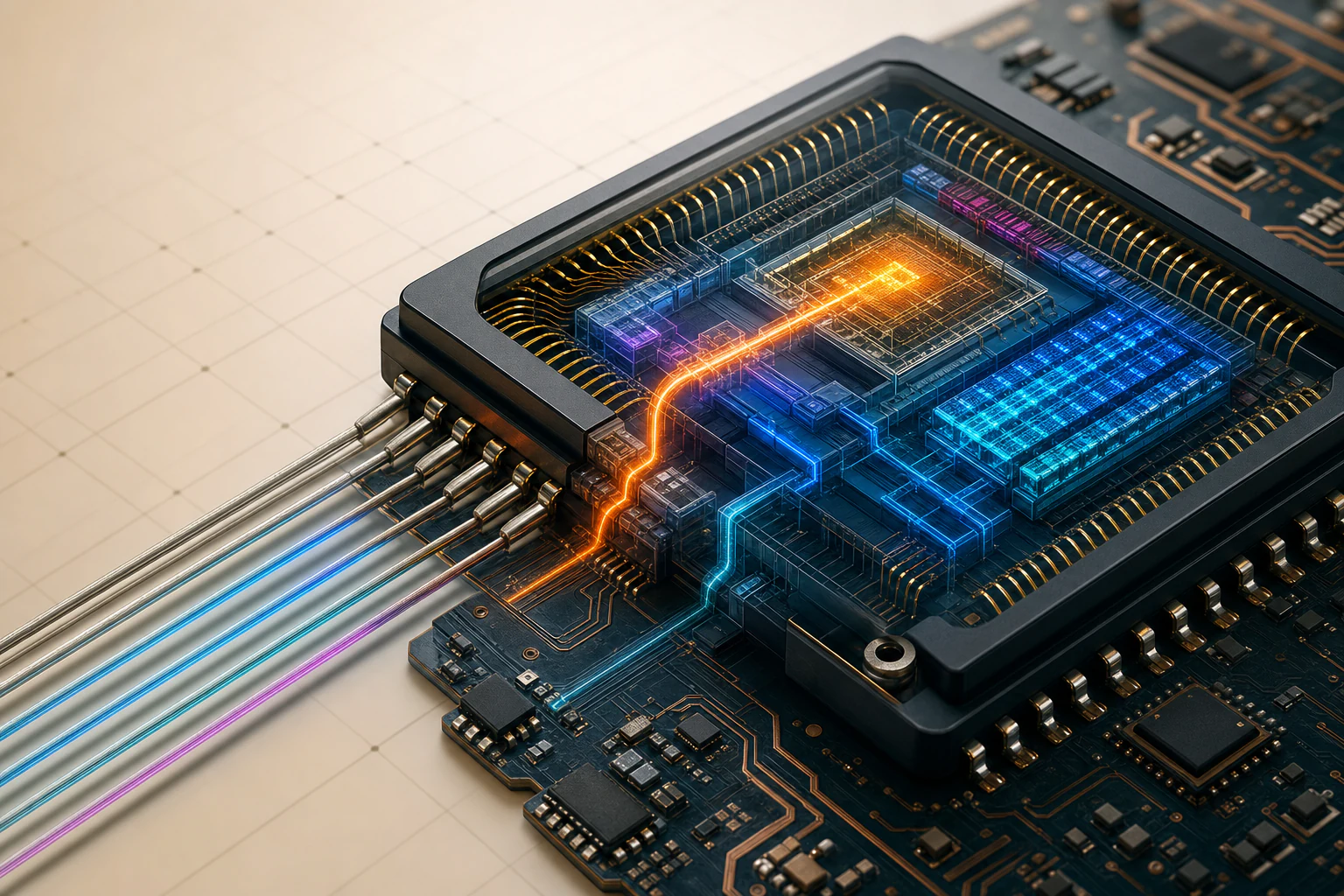 Editorial cutaway of a microcontroller package showing illuminated event paths entering the silicon and reaching controller, core, and memory regions.