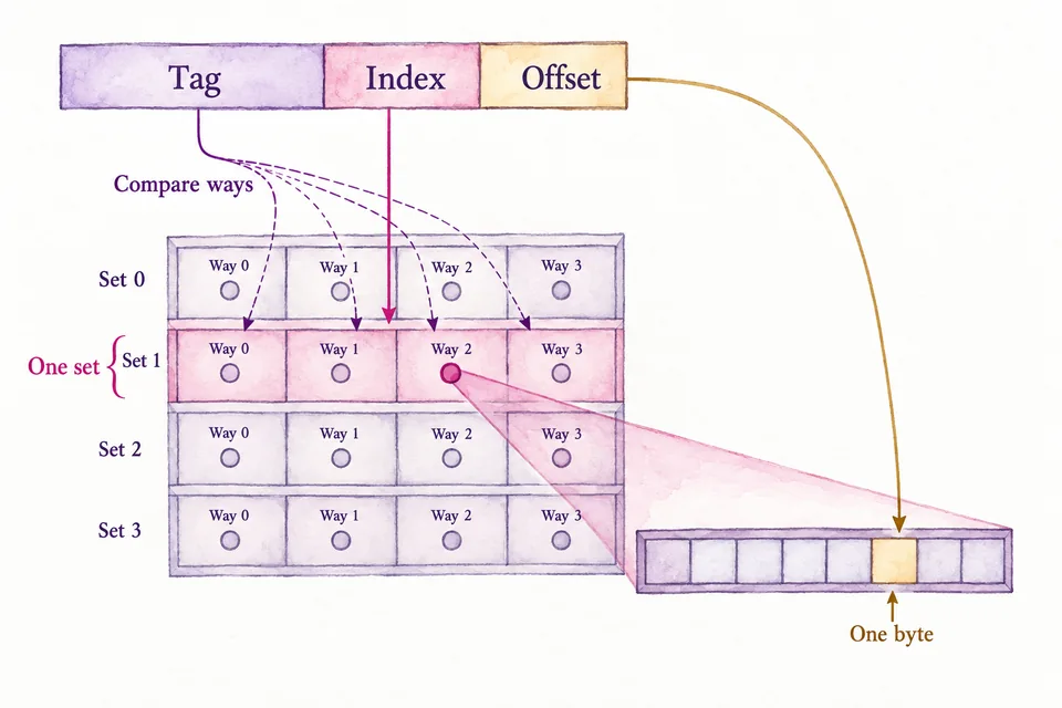 A watercolor address splits into tag, index, and offset. Index selects one of four sets, tag compares its four ways, and offset selects a byte from an eight-byte line.