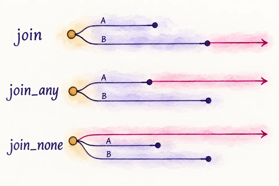 Three watercolor process trees compare join, join_any, and join_none. Violet child paths finish at different points; the magenta parent continues after all, after one, or without waiting.