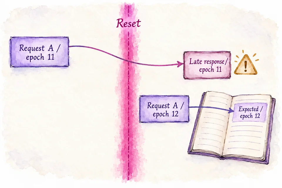A watercolor reset boundary separates an epoch-11 request from a new epoch-12 request. A late epoch-11 response cannot satisfy the epoch-12 ledger entry.
