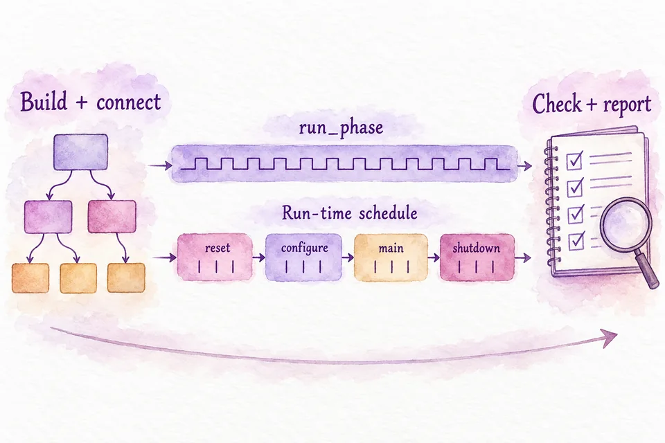 A watercolor component hierarchy leads into parallel tracks for run_phase and the reset, configure, main, and shutdown phase groups, followed by checking and reporting.