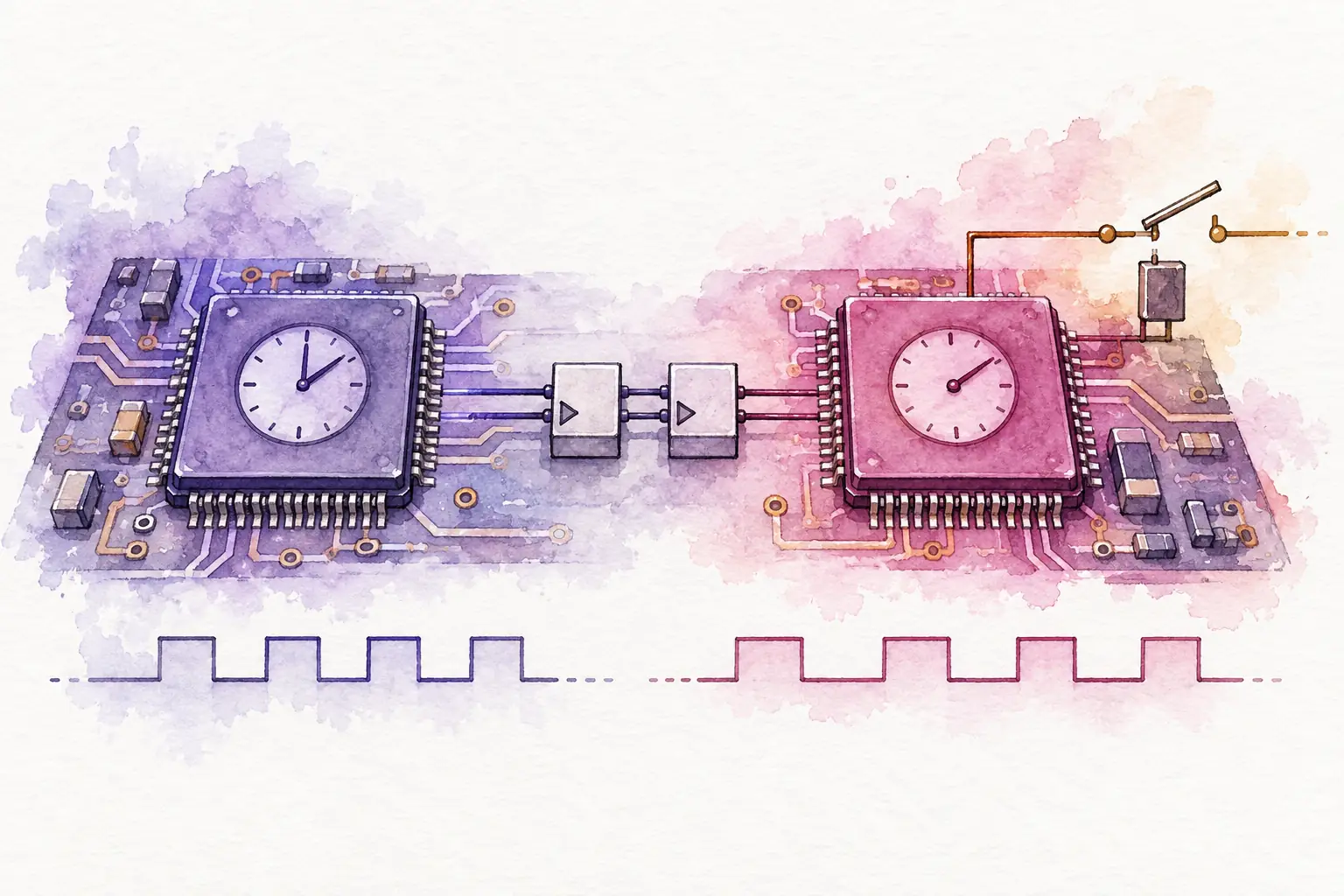 Watercolor of two clock domains joined by a small bridge of register blocks.