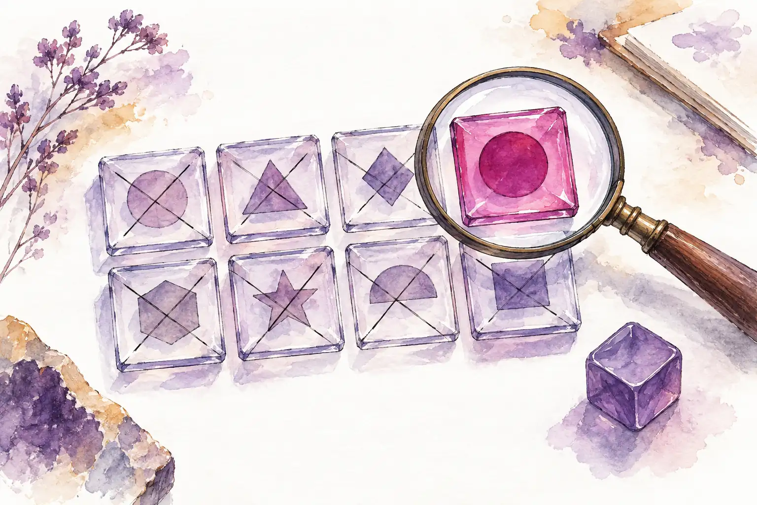 Watercolor of candidate tiles, excluded choices, and one highlighted legal choice.