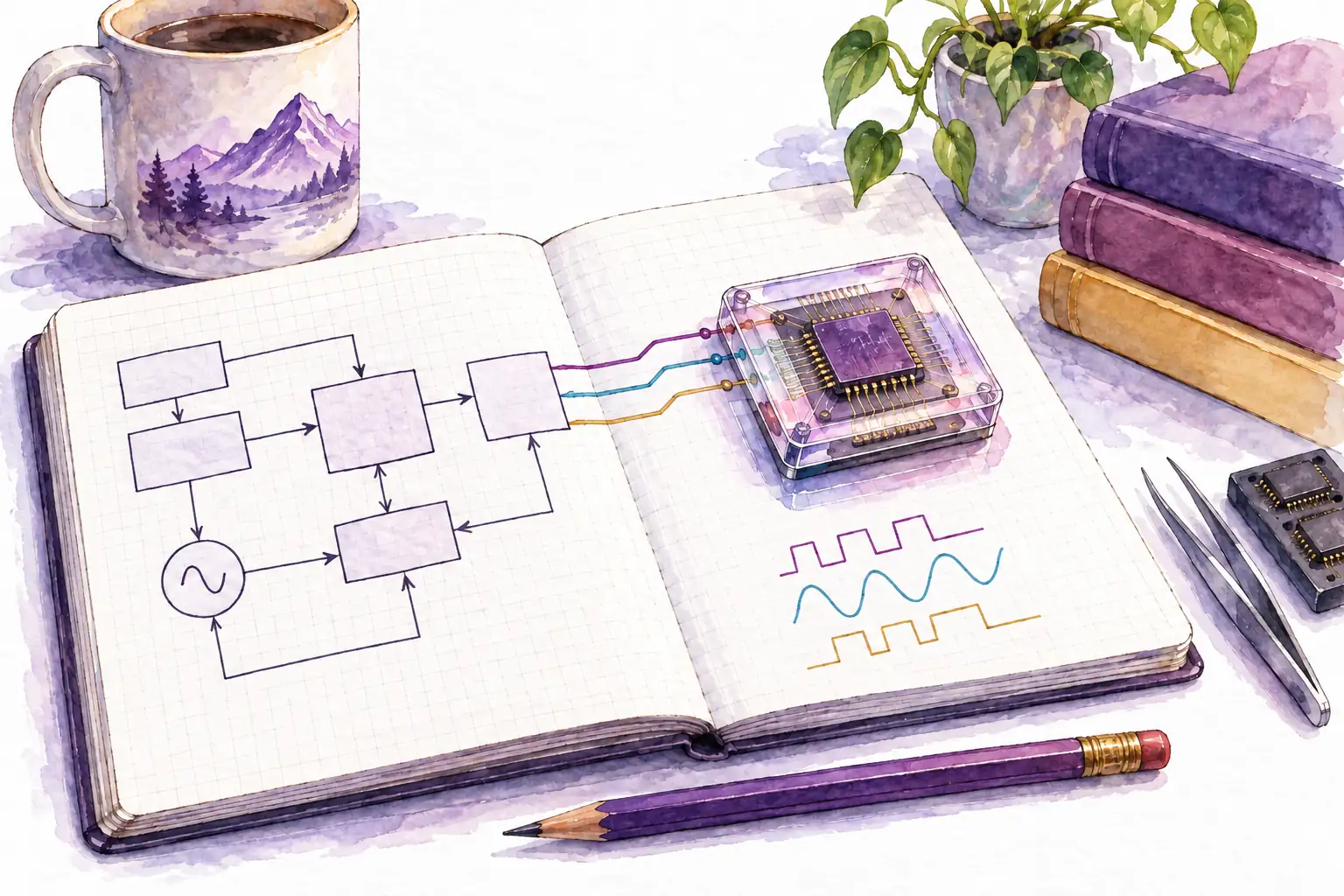 Watercolor of an engineer’s notebook connecting a block diagram to a silicon package.