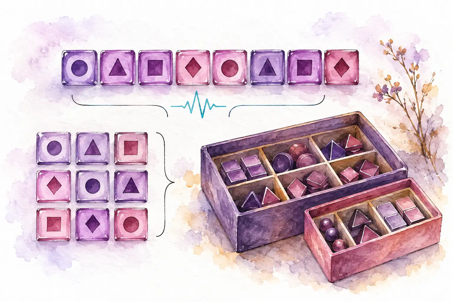 Watercolor of bit tiles arranged as a word, an array, and nested containers.