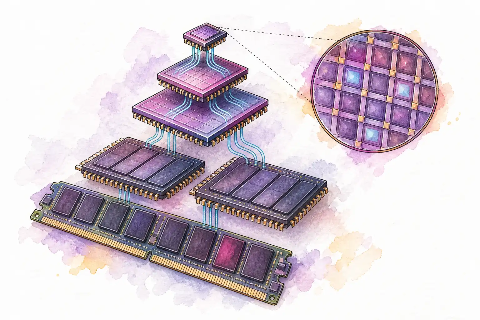 Watercolor of stacked cache tiles, memory packages, and a magnified array of storage cells.
