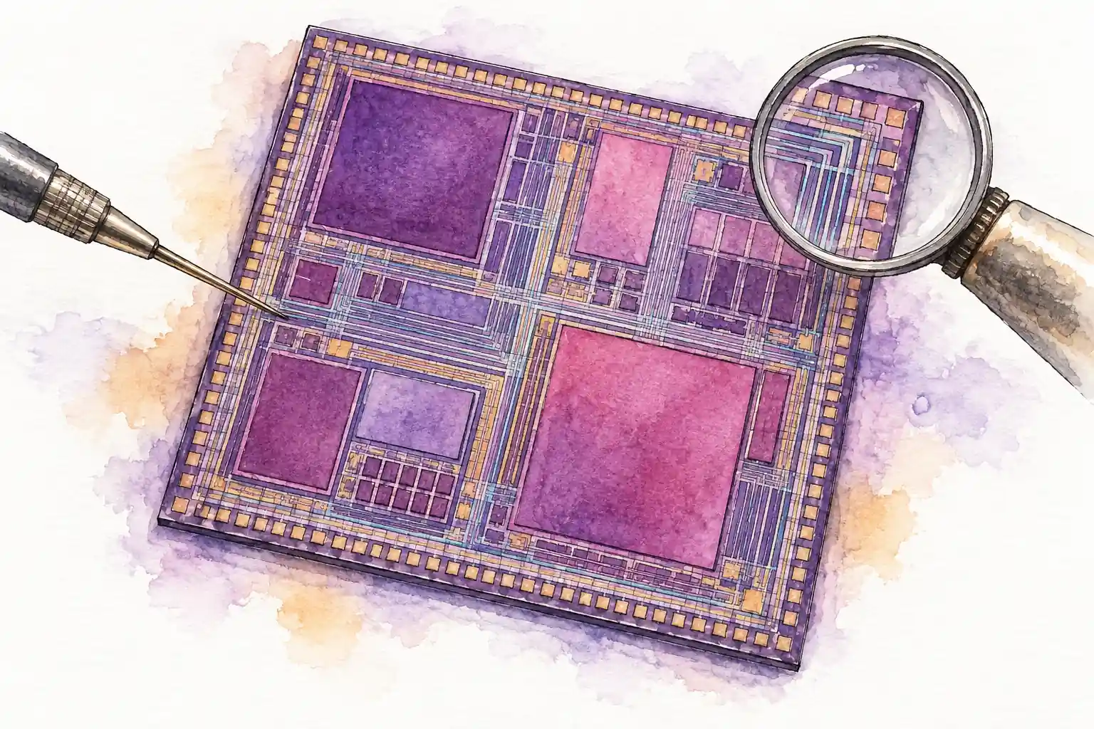 Watercolor of a silicon floorplan, routing traces, a probe, and an inspection loupe.