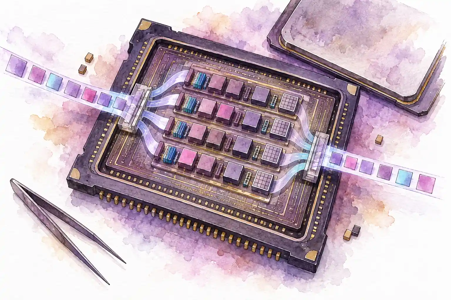 Watercolor of a processor die with instruction tiles moving through parallel execution lanes.