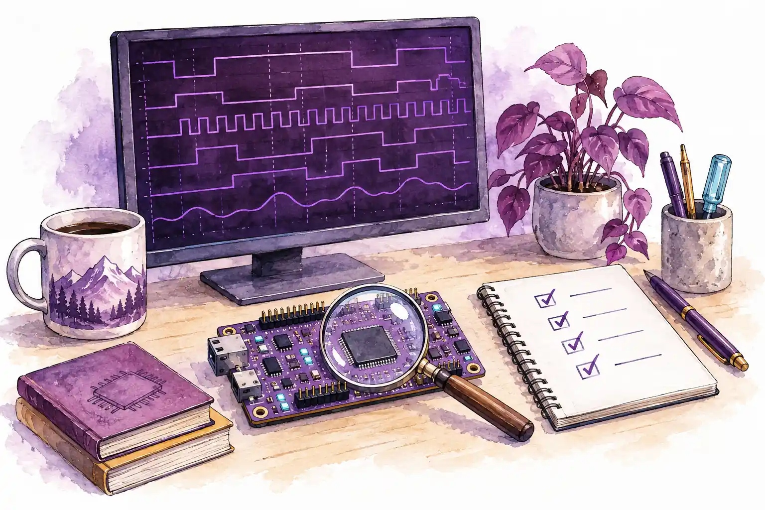 Watercolor of a verification workstation with waveform traces and a development board.
