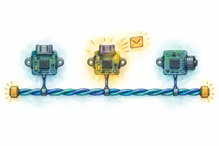 Watercolor of small control boards tapping a shared paired cable, with two competing message cards and a highlighted winner.
