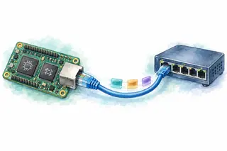 Watercolor of an embedded board connected to a compact Ethernet switch.