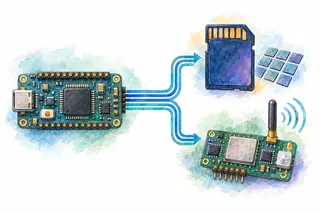 Watercolor controller beside an SD memory card and a wireless I/O module, shown as alternative device examples rather than one shared multidrop bus.