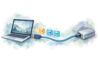Watercolor memory aid: a USB host schedules packet exchanges with a device.